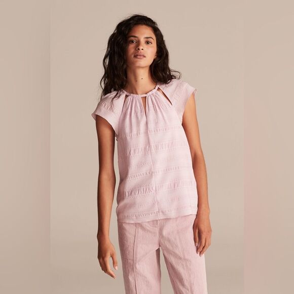 Rebecca Taylor Seersucker Stripe Pink Silk Blend Top Size M - Picture 1 of 12